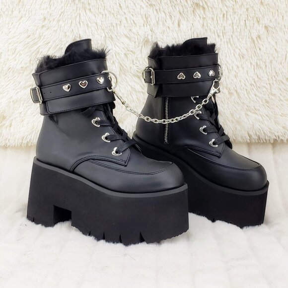 Goth Punk Platform Ankle Boots Furry Chain Cuff 57 - Picture 1 of 16
